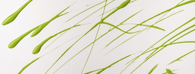 Abstract white art background with green acrylic chaotic lines pattern and thin hand drawn brush...