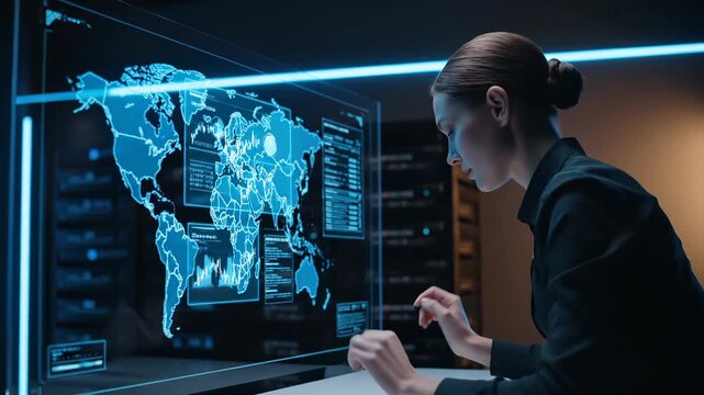 Woman interacts with digital world map on screen. Fingertips touch display analyzing data. Bright blue interface shows countries, stats, and graphs. Concept of global analysis and technology.