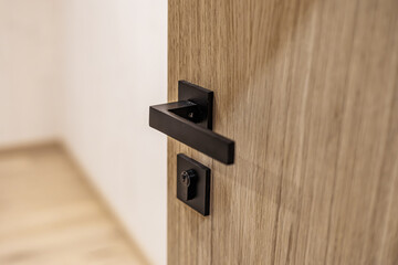Close-up of a modern black door handle on a wooden door, opening into a light-toned empty room with wooden flooring and copy space