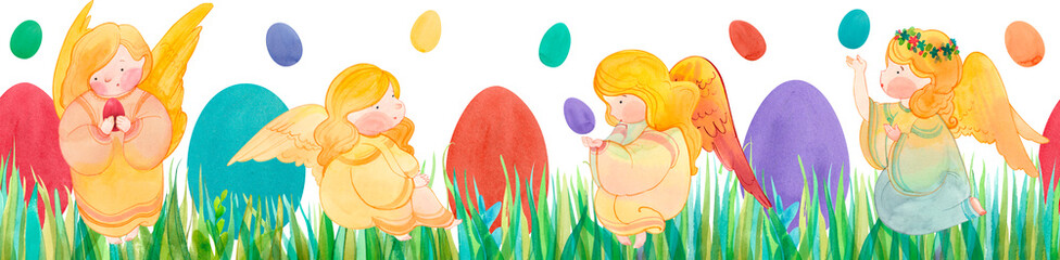 Fototapeta premium Hand drawn watercolor angels and colorful Easter eggs in green grass on transparent background. Christian art for Pascha celebration.