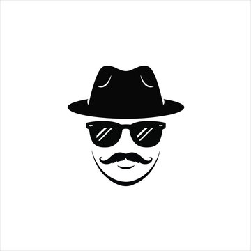 Black silhouette of a man's face with fedora hat sunglasses and mustache head portrait