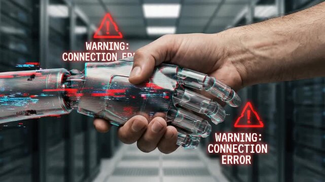 Ai handshake risk warning red alert connection error glitch robot hand human hand controls in server room cyber threat digital trust failure