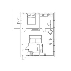 House plan vector illustration. Outline house plan with living room, kitchen and dining area.