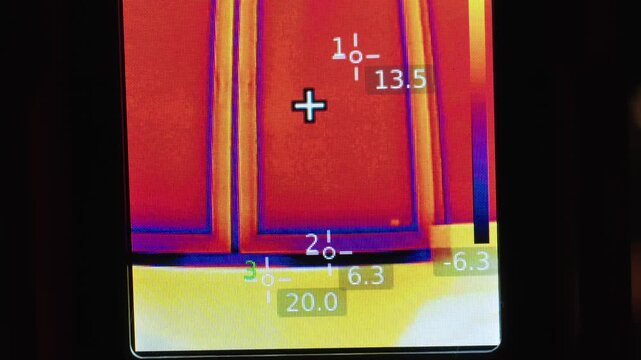 Close-up view of a portable infrared camera display, showing temperature around a window. Technician Uses Thermal Imaging Camera to Detect Heat Loss Through Window Frames in Residential Property.