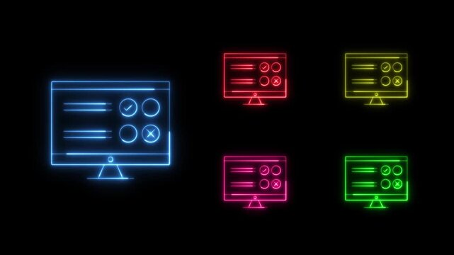 Multivariant set of glowing neon computer screens with survey and choice icons in multiple vibrant colors. Online survey. Digital feedback. Interface. Education