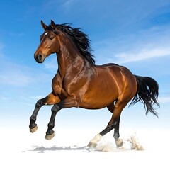 Obraz premium Chestnut horse gallops powerfully against a bright blue sky with wispy clouds