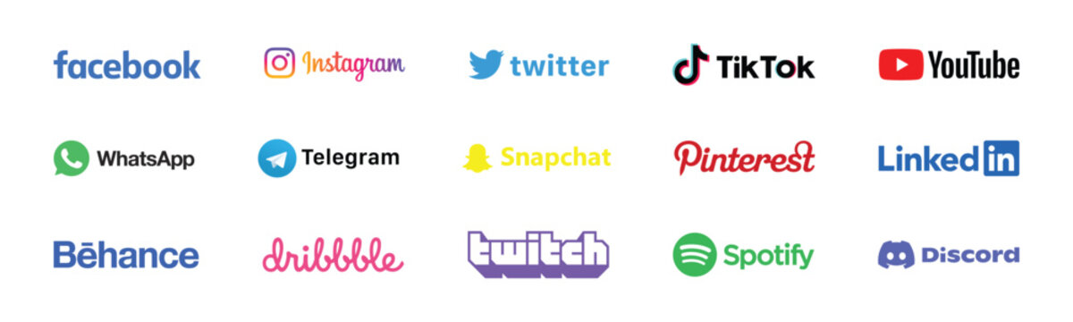 social media brand wordmark set facebook instagram tiktok youtube whatsapp telegram
