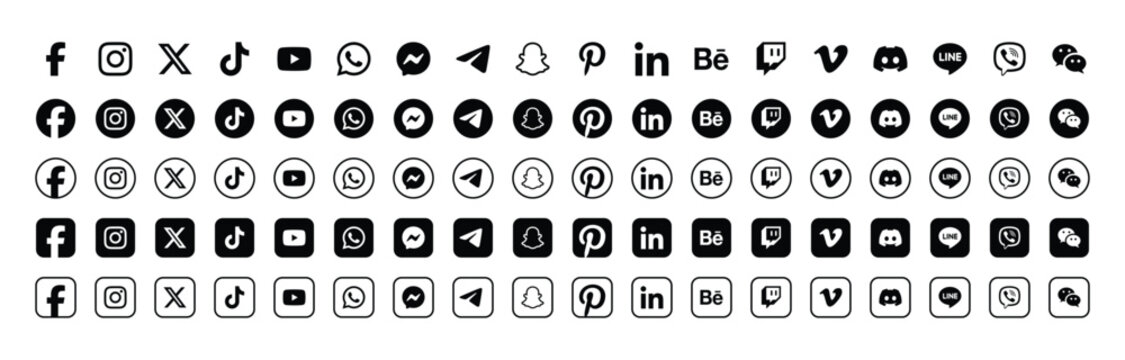 social media icons set black and white round and square app logo collection