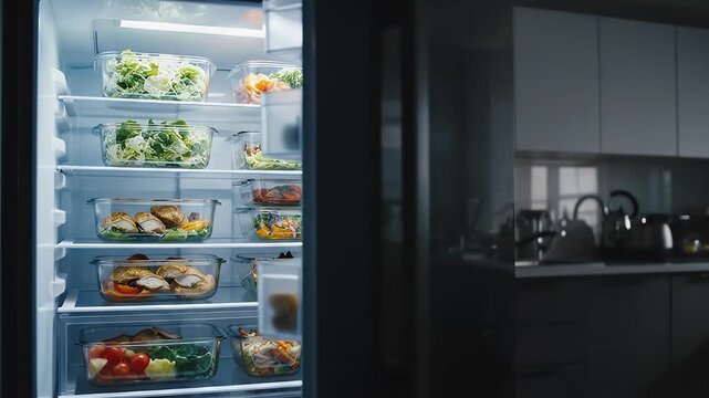 Fridge with Food Opening Door Kitchen.