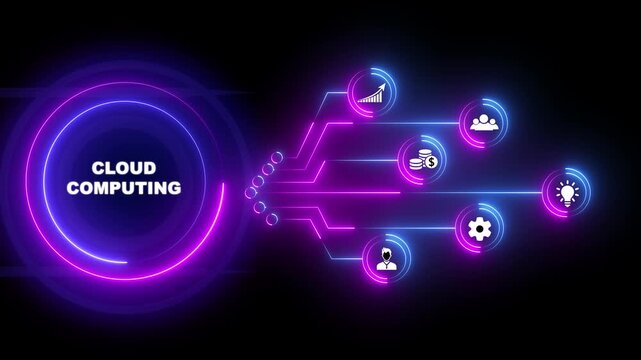 Neon blue glowing circle with text CLOUD COMPUTING and connected digital icons on black background