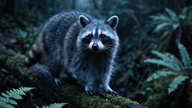 forest creature. A raccoon navigates a moss-covered log in a dimly lit forest, showcasing its distinct markings and curious posture among ferns and subdued light