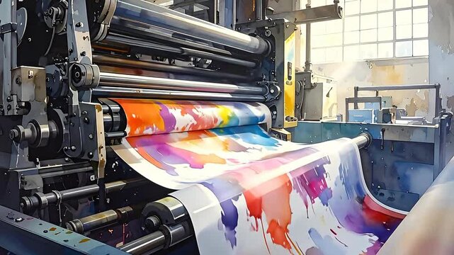 Industrial printing machine is processing a large sheet of paper with colorful abstract design in a factory.