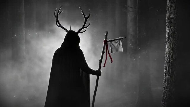 forest creature. A shadowy figure draped in a dark cloak stands among tall trees in a misty forest, holding a flag on a staff, with antlers protruding from the hood