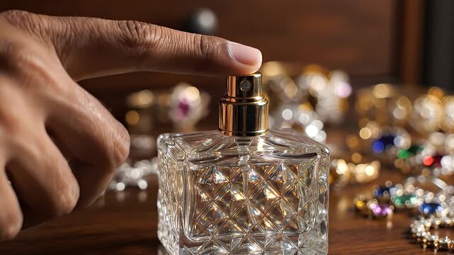 Hand Reaching for Luxury Perfume Bottle.
