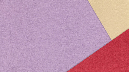 Fototapeta premium Light violet textured paper background with red beige triangular corners and copy space. Template for presentation, banner