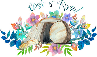 Fototapeta premium Hand drawn watercolor angels and colorful Easter eggs in green grass on transparent background. Christian art for Pascha celebration.