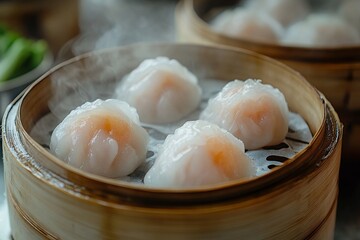 selective focus dumplings steaming in bamboo steamer with condensation