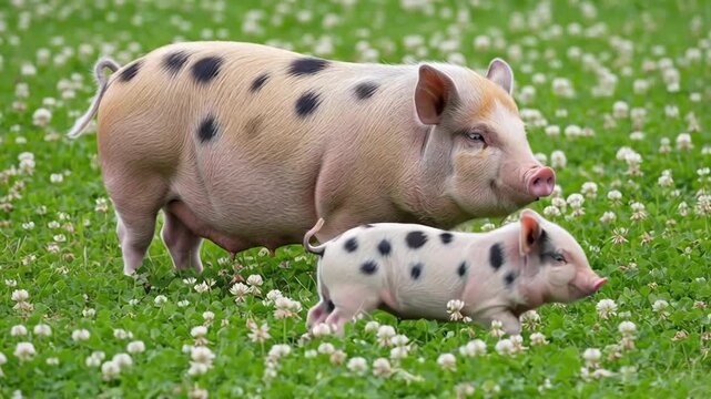 Pigs play and explore in a green field with flowers during springtime on a sunny day