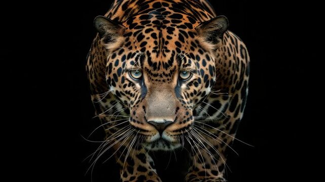 A close-up of a leopard's face displaying its distinctive spotted pattern and intense gaze.