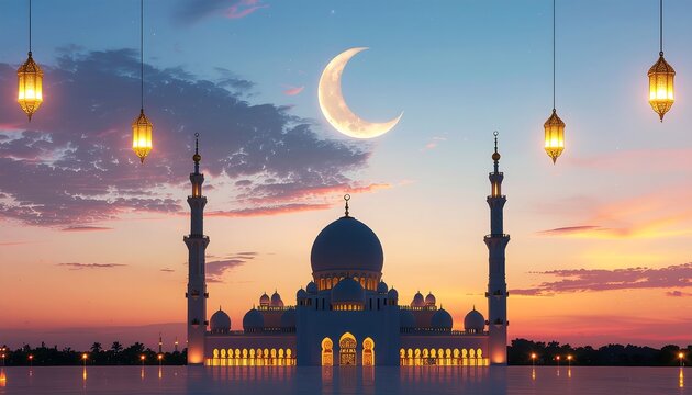 Grand mosque at sunset with crescent moon and lanterns reflecting in water.