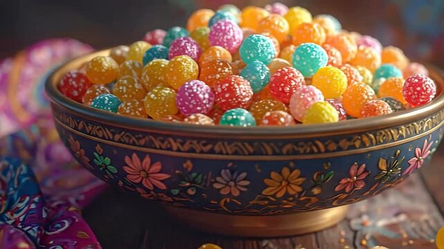 A decorative bowl filled with colorful sugar coated candies sits on a wooden table, creating a festive scene.