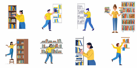 Fototapeta premium People organizing, searching, and managing books on shelves. Flat vector illustration set showing library activities, reading, and learning.