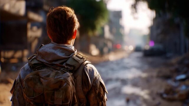 A soldier stands silently in a war-torn street, contemplating the devastation surrounding them, as sunlight filters through the damaged buildings and debris.