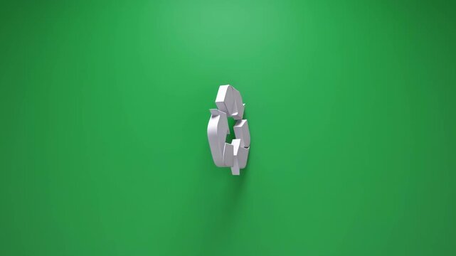 Seamless loop of isolated 3D sustainable recycling symbol and leaf on a perfect chroma green screen background. Perfect for sustainability campaigns, green energy ads, environmental