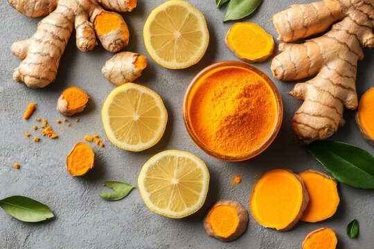 selective focus ginger root turmeric and lemon slices for immunity blend