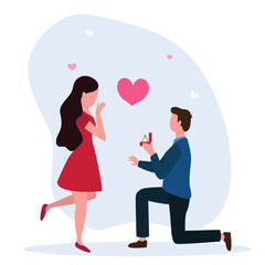 A man with engagement ring standing on one knee makes a proposal of marriage to his girlfriend. Man and woman are in love. Young couple engaged. Vector illustration