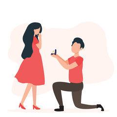 A man with engagement ring standing on one knee makes a proposal of marriage to his girlfriend. Man and woman are in love. Young couple engaged. Vector illustration