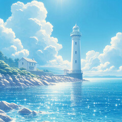 限りなく続く水平線と白い灯台が織りなす初夏の風景