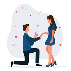 A man with engagement ring standing on one knee makes a proposal of marriage to his girlfriend. Man and woman are in love. Young couple engaged. Vector illustration
