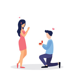 A man with engagement ring standing on one knee makes a proposal of marriage to his girlfriend. Man and woman are in love. Young couple engaged. Vector illustration