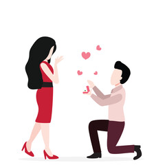 A man with engagement ring standing on one knee makes a proposal of marriage to his girlfriend. Man and woman are in love. Young couple engaged. Vector illustration
