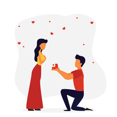 A man with engagement ring standing on one knee makes a proposal of marriage to his girlfriend. Man and woman are in love. Young couple engaged. Vector illustration