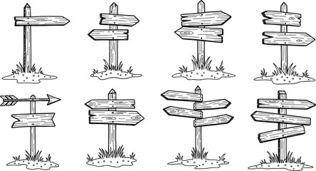 wooden signpost set vintage direction signs. Sketchy wood board collection Rustic wooden pointer icons © Rimi