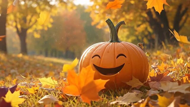 A cheerful pumpkin with a smiling face sits among fallen leaves in a sunny autumn park scene.