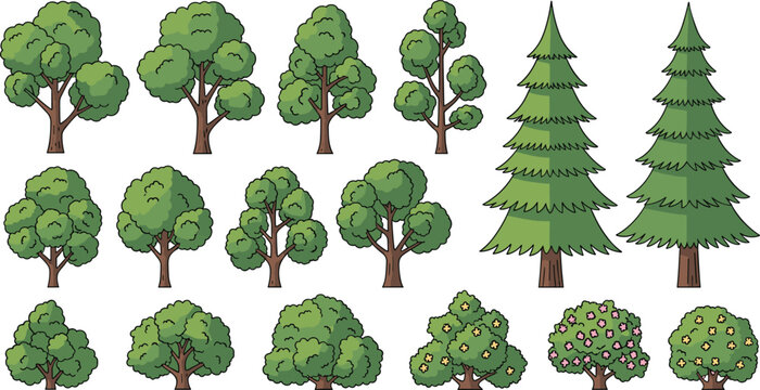 tree and bush icon set for landscape design. plant collection vector illustration. forest vegetation