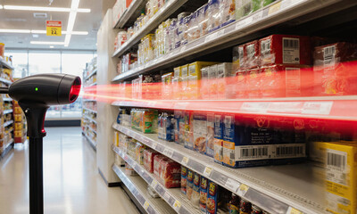 Fototapeta premium Scanning supermarket speed metaphor showing long exposure motion blur across grocery shelves while barcodes remain sharp.