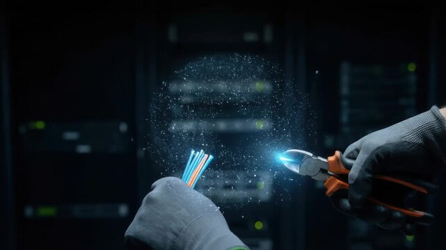 Technology network cable ai risk controls security electric server data center cable cut spark sabotage concept cybersecurity risk without proper