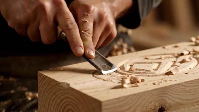 Hands of a carpenter carving wood with a chisel. Historical biblical concept of Jesus or Joseph