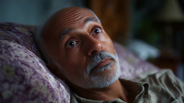An elderly man experiences a moment of tranquility while resting on a comfortable pillow, transitioning from peaceful sleep to a state of awareness and realization.