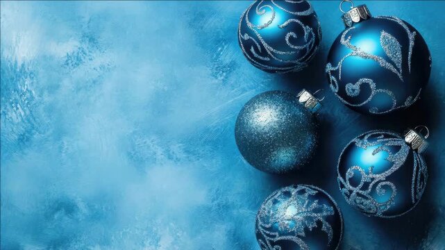 A vibrant collection of shiny blue and silver Christmas ornaments with intricate patterns. Perfect for holiday decorations!