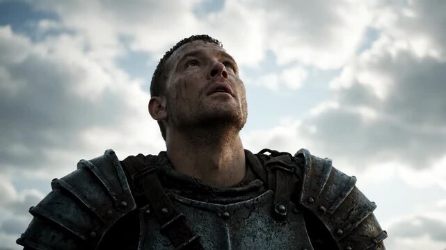 Roman soldier or centurion looking up at the sky in awe. Biblical concept of the crucifixion witness and faith