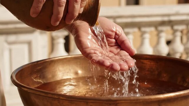 Hands washing with water poured from a jug. Biblical scene of Pontius Pilate at the trial of Jesus Christ