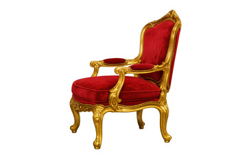 Ornate gold carved chair with red velvet upholstery, symbolizing royalty, luxury, and power, transparent background
