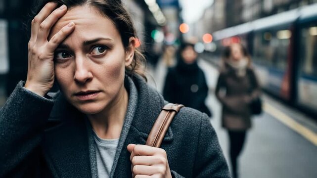 A distressed woman suffering from a mental health challenge, experiencing profound anxiety and deep depression in a crowded urban environment, a symbol of emotional burden and silent struggle