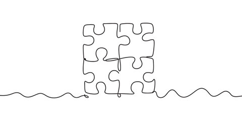 Continuous line drawing of four jigsaw puzzle pieces connected together on a wavy surface. Vector, illustration