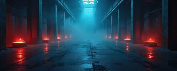 Fototapeta premium Industrial hall at night with blue and red neon lights. Wet asphalt floor reflects glowing lights and smoke creates mysterious atmosphere. Empty space with columns for design.